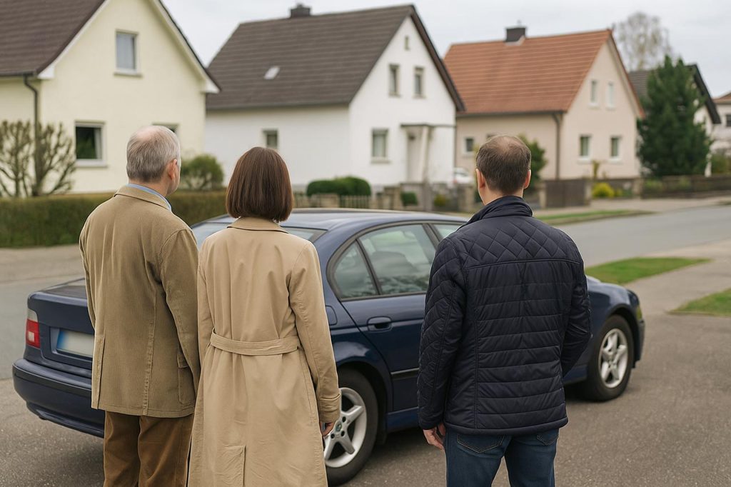 3 Erben betrachten geerbtes Auto